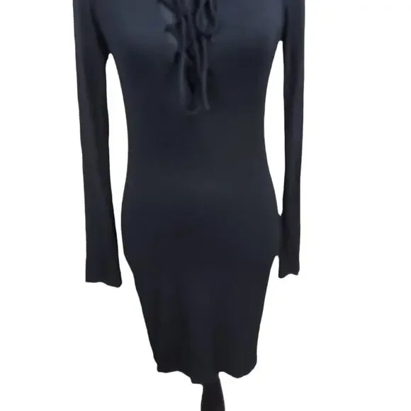 Lulu's Dress Size Large Lace Up Front Bodycon Long Sleeve Black Mini Dress - Picture 6 of 8